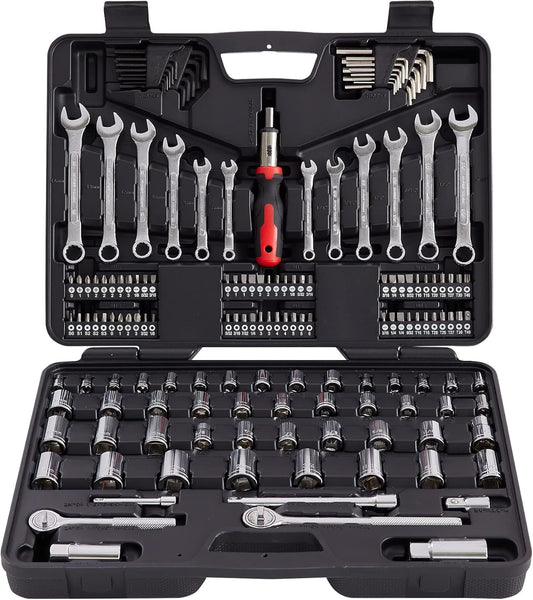 161Piece Mechanic Tool Set, 1/2", 3/8" &1/4" Drive Metric & Standard Socket Wrench Kit for Home, Car, Mechanics, Automotive Repair and as A Gift