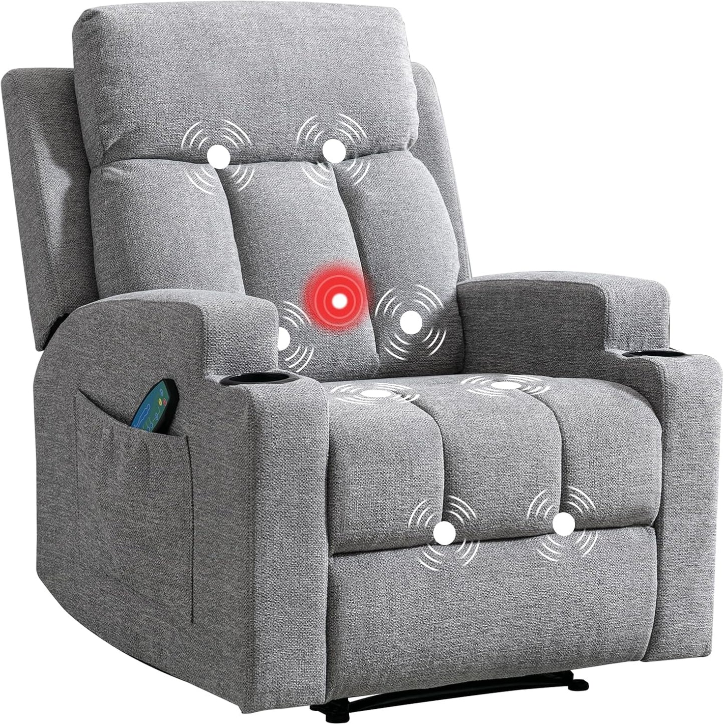 CANMOV Manual Recliner Chair with Massage and Heat,Soft Fabric Recliner Chair with Overstuffed Armrest and Backrest, Manual Reclining Single Sofa with 2 Cup Holders, Side Pocket for Living Room,Grey