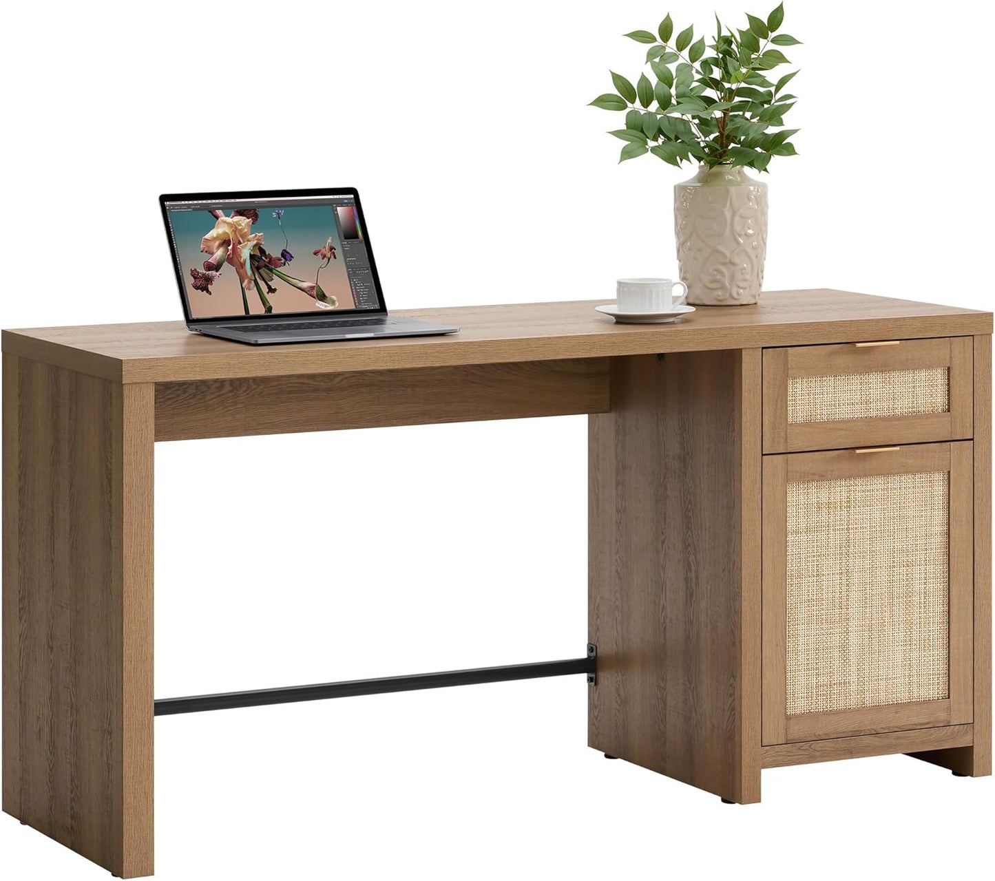 SICOTAS Rattan Executive Desk with Storage, 59" Boho Home Office Desk with Cabinets and Drawers, Large Computer Table Vanity Desk for Office, Study, Living Room, Oak