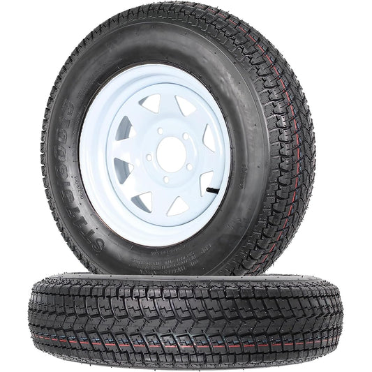 Trailer Tires Rims ST175/80D13 175 80 13 Tire, 5 Lug on 4.5", White Spoke Wheel Load Range C, 6 PLY, Set of 2