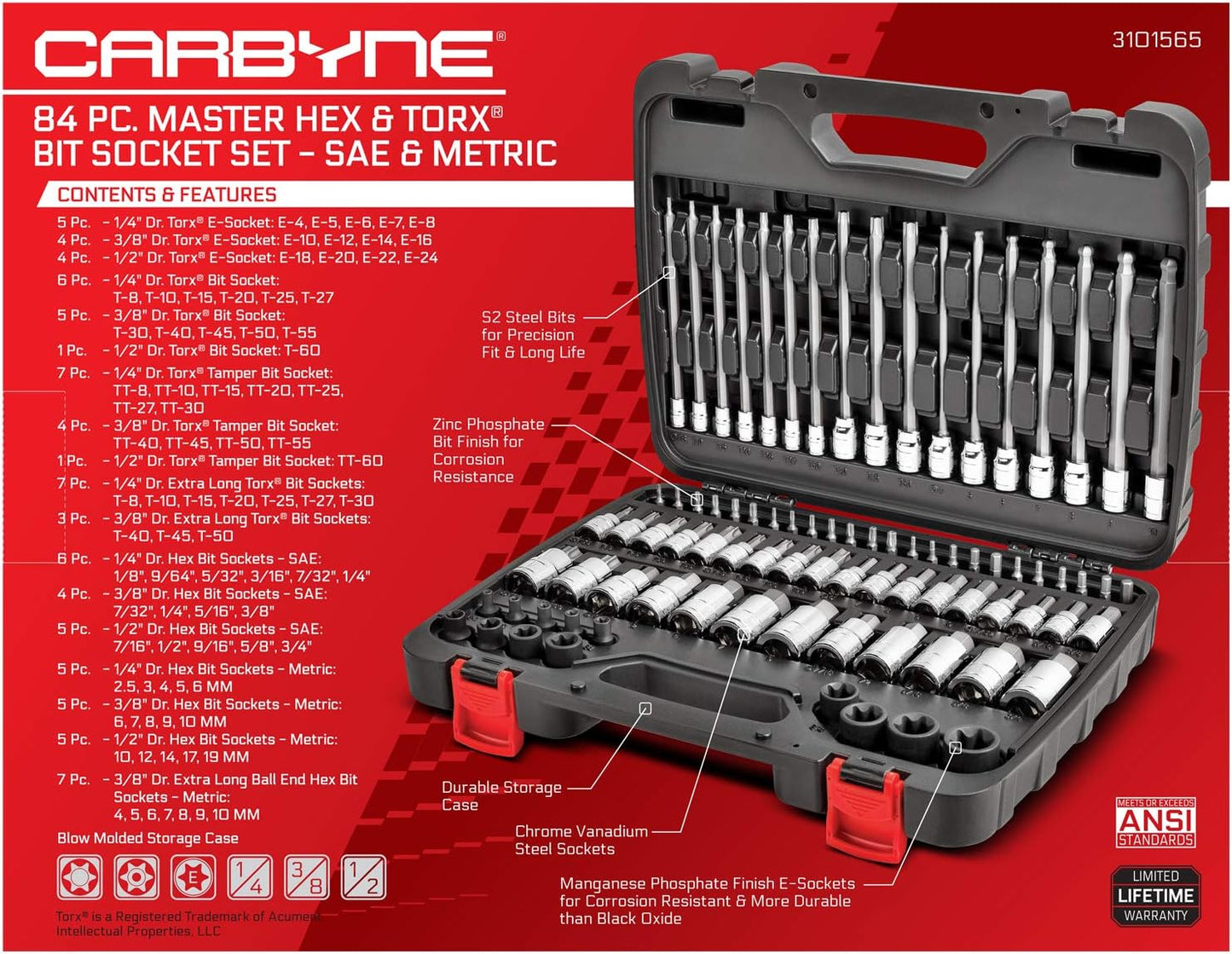 CARBYNE 84-Piece Master Hex & Torx Bit Socket Set | S2 Steel Bits, CrV Steel Sockets, Corrosion-Resistant, Durable Case | 1/4", 3/8" & 1/2" Drive