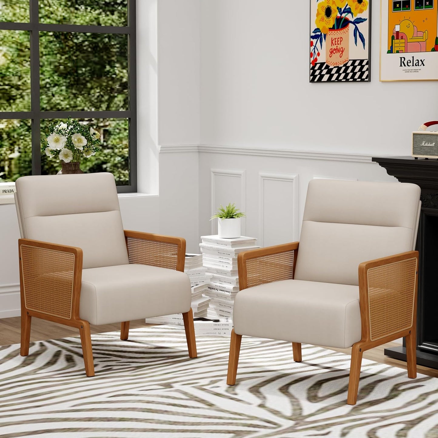 Yongchuang Beige Accent Chairs Set of 2 Upholstered Living Room Chairs with Natural Rattan Arm, Modern Faux Leather Arm Chairs for Bedroom Club Reception