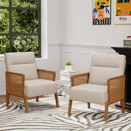 Yongchuang Beige Accent Chairs Set of 2 Upholstered Living Room Chairs with Natural Rattan Arm, Modern Faux Leather Arm Chairs for Bedroom Club Reception