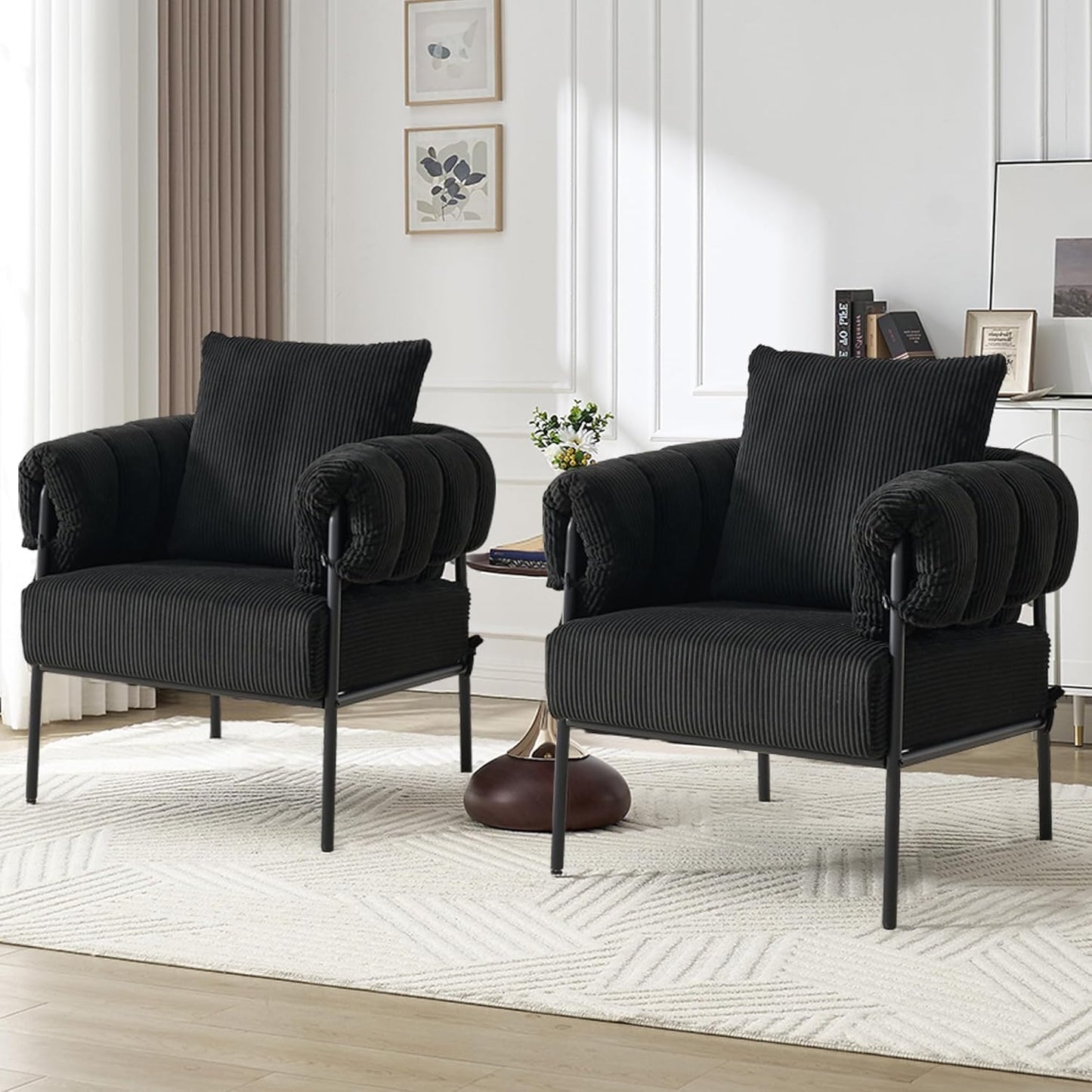 YISHENG Modern Velvet Accent Chair Set of 2 Upholstered Comfy Lounge Sofa Chair, Fabric Oversize Lazy Arm Chair with Soft Cushion, Metal Frame Reading Chair for Living Room, Balcony,Bedroom,Black