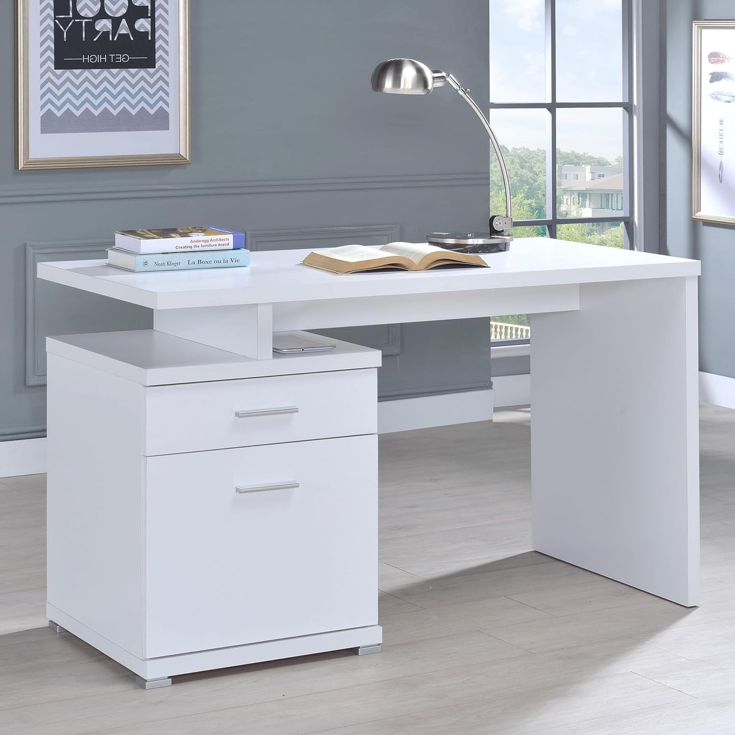 Coaster Home Furnishings - Irving - Engineered Wood - 2-Drawer Computer Desk with File Cabinet, Rectangular Desk with Smooth Top, and Plastic Glides - Home Office - 47-Inch - White - 800110