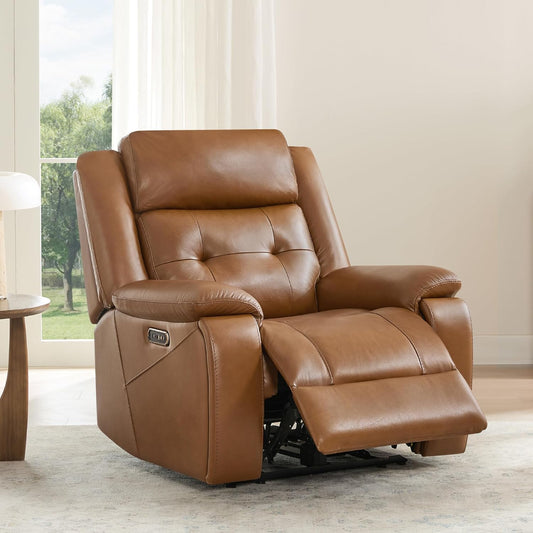 Watson & Whitely Genuine Leather Power Recliner Chair for Adults, Wall Hugger Recliner with Power Headrest, Cup Holders & Charging Ports, Electric Reclining Chairs for Living Room, RV, Saddle Brown