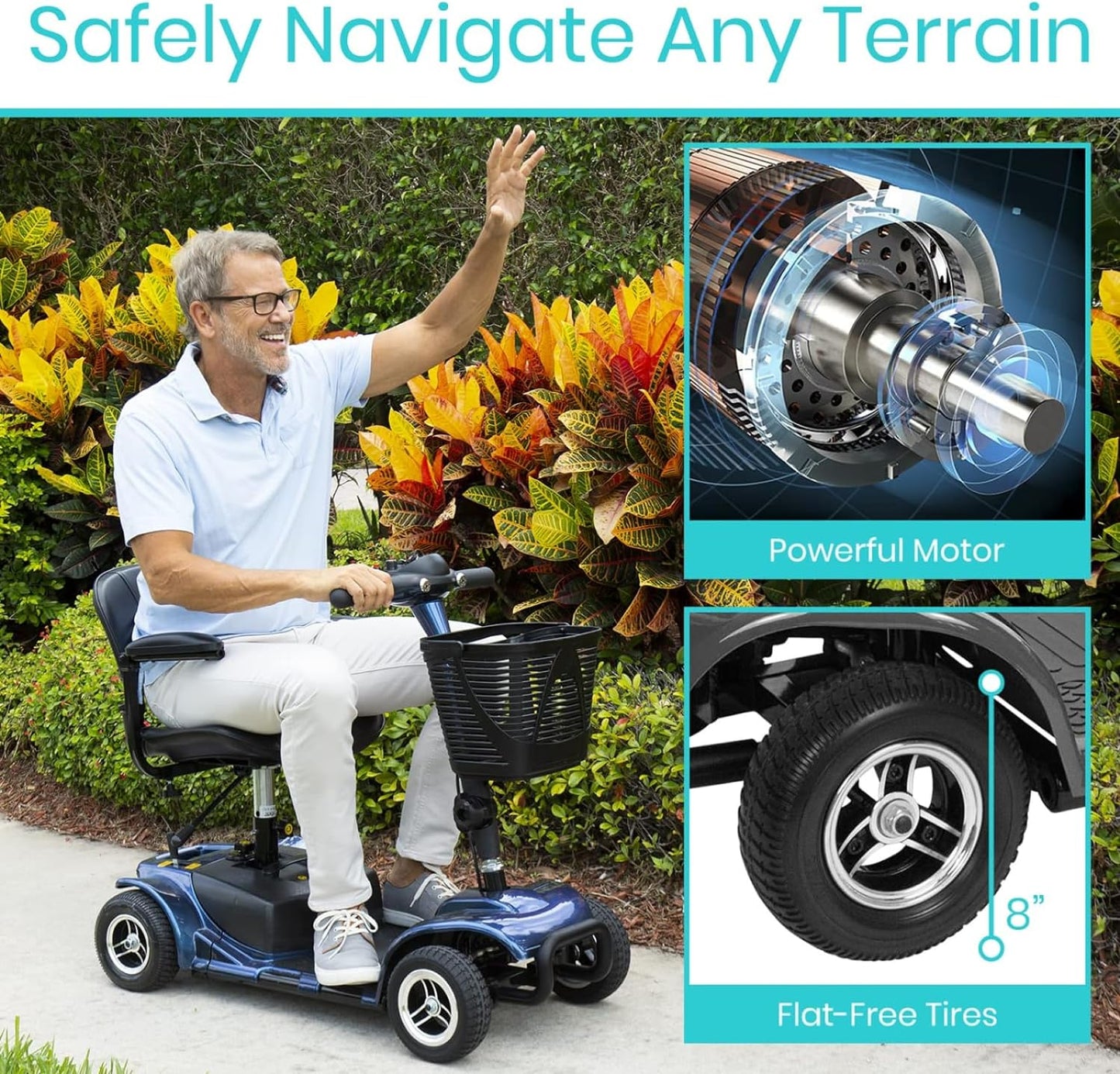 Vive 4 Wheel Mobility Scooter - Electric Powered Wheelchair Device - Compact Heavy Duty Mobile for Travel, Adults, Elderly - Long Range Power Extended Battery with Charger & Basket