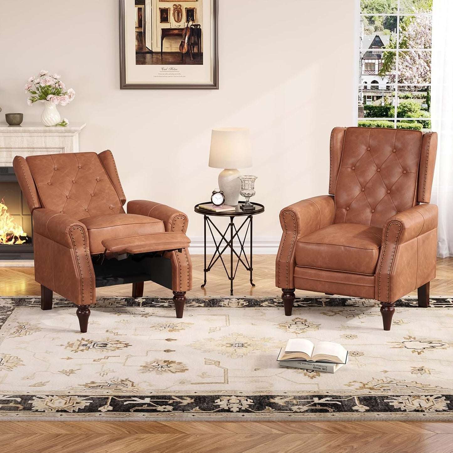 Small Recliner Chair, Modern Faux Leather Living Room Chairs with Tufted Buttons and Metal Rivets, Wingback Recliner with Wooden Legs, Comfy Pushback Arm Chair for Living Room, Bedroom, Matt Brown