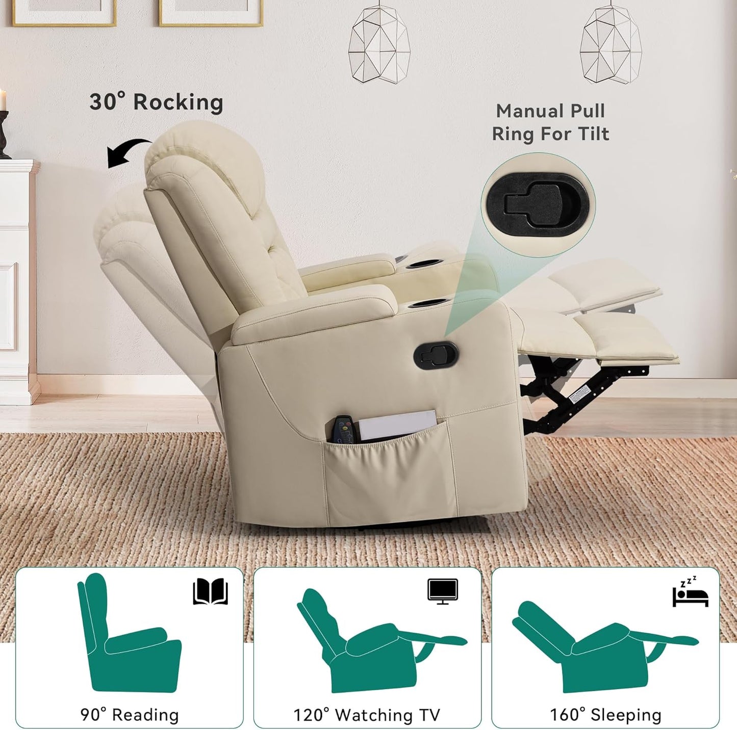 YITAHOME Swivel Rocking Recliner with Massage and Heat, Hidden Arm Storage, Faux Leather Rocker Recliner Chairs with Cup Holders, Comfy Home Theater Seating, Manual Recliner for Living Room, Beige2