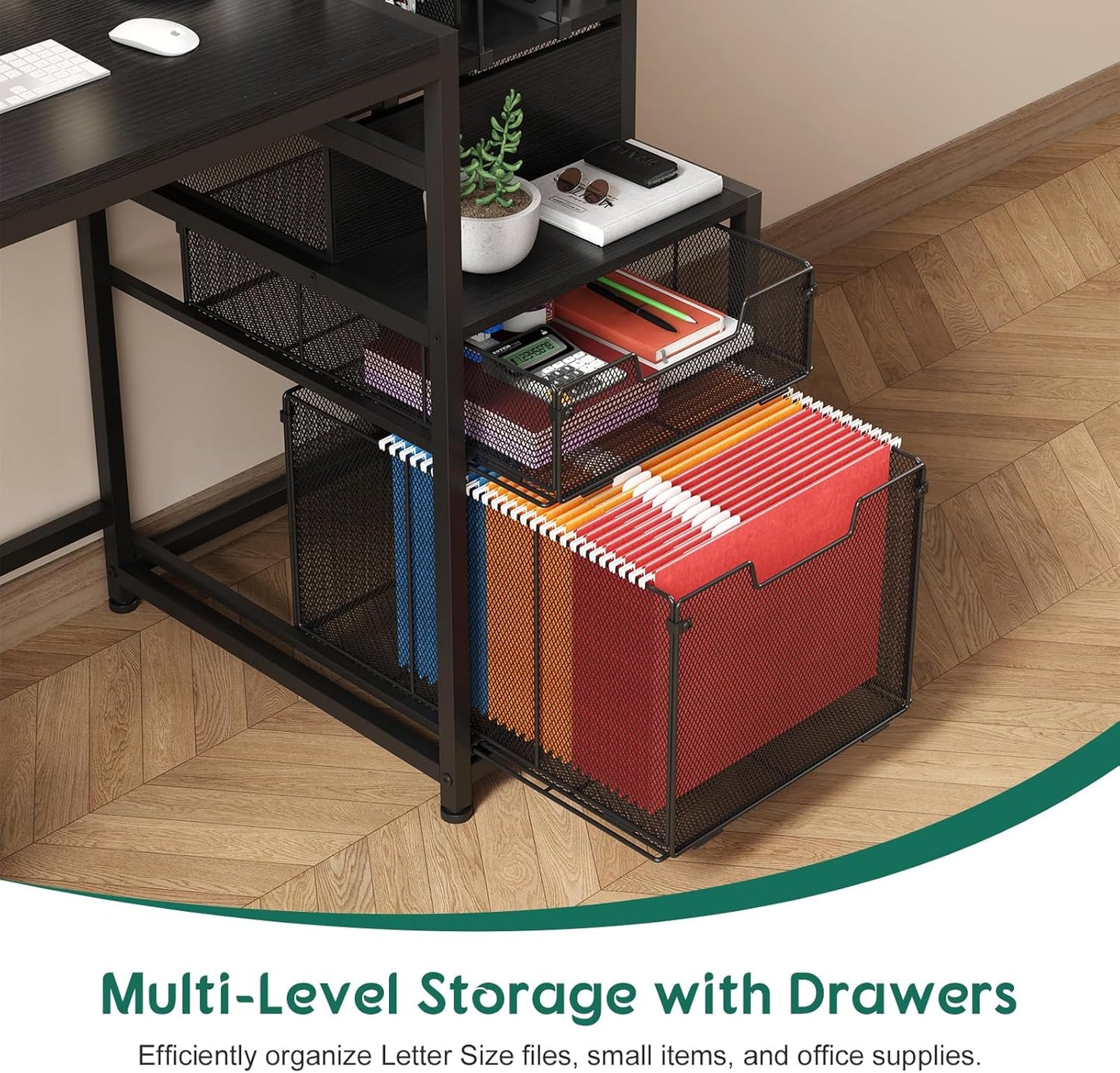 X-cosrack 47" Computer Desk with 2 Mesh File Drawers, Home Office Desks with Shelves, Printer Space, Study Writing and Gaming Table with 3 Vertical File Holders for Small Space, Bedroom, Dorms, Black