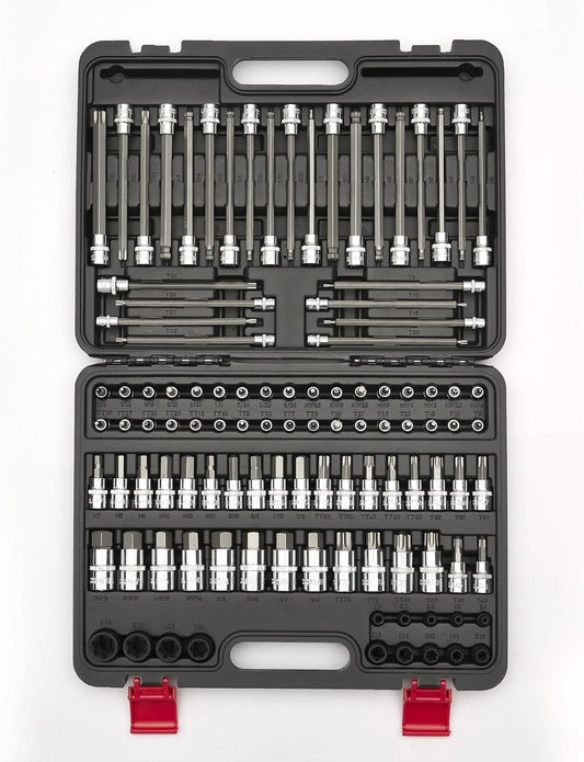 107-Piece Master Torx & Allen Bit Socket Set, 1/4", 3/8", 1/2" Drive, Long Torx & Ball End Hex Bits, Tamper-Resistant Star, E-Star Sockets, SAE & Metric, S2 Steel Storage Case