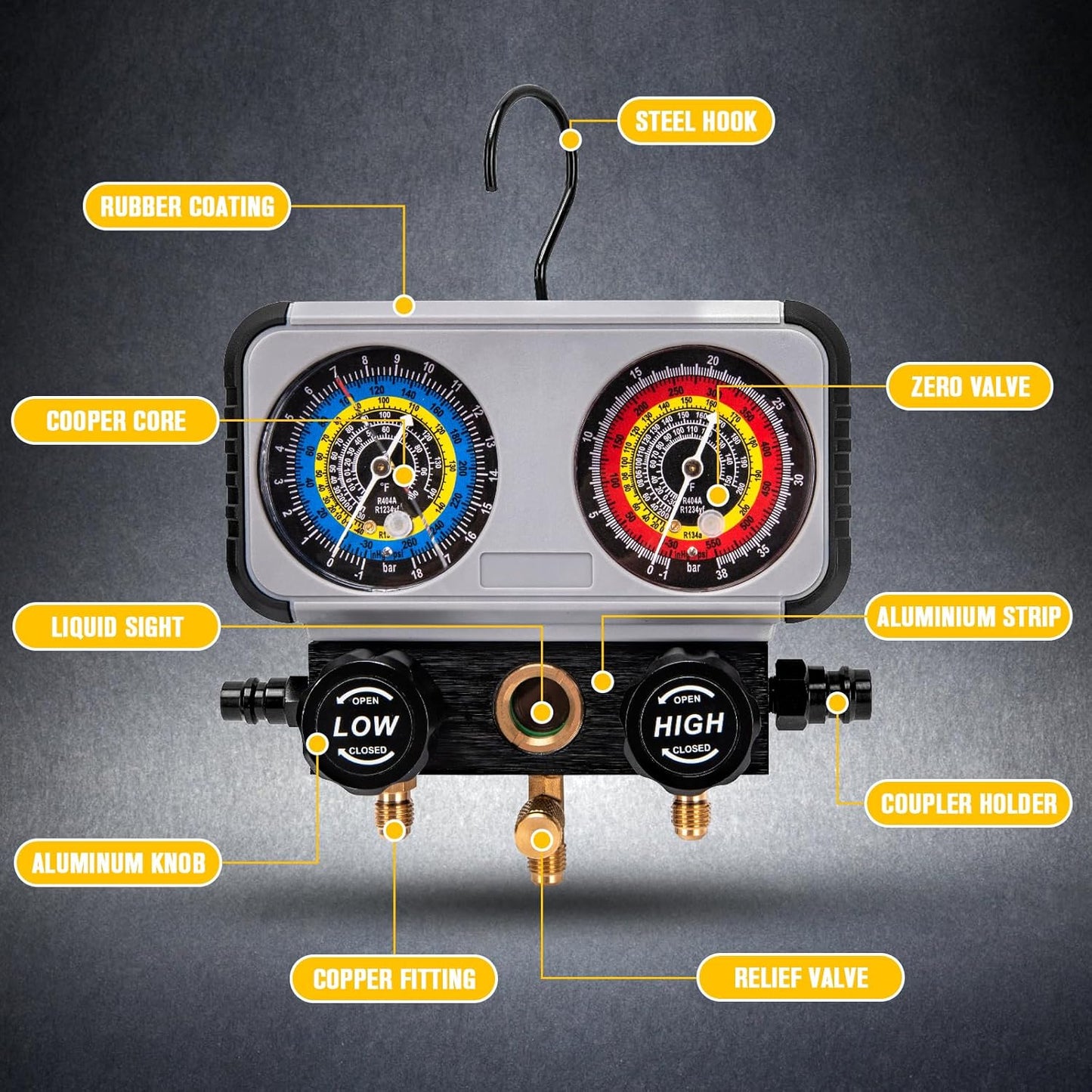 CMOOD AC Gauge Set R1234yf R134a Manifold Gauge Set for R1234yf R134a R404a Refrigerants, Automotive AC Manifold Gauge Set with Hoses Quick Couplers for Car Freon Charging & Evacuation
