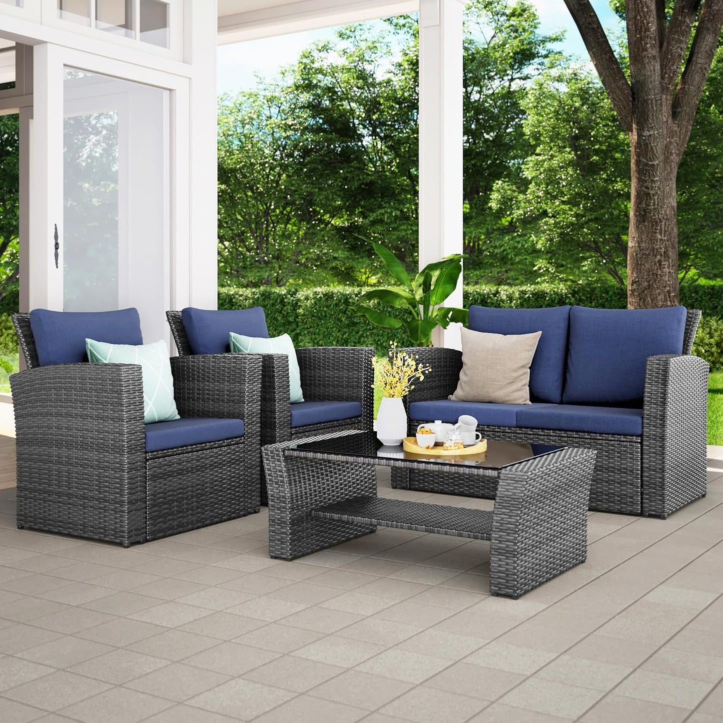 Wisteria Lane 4 Piece Patio Furniture Set, Wicker Outdoor Patio Conversation Furniture Set, All Weather Outdoor Patio Sofa with Cushion and Glass Table, Brown