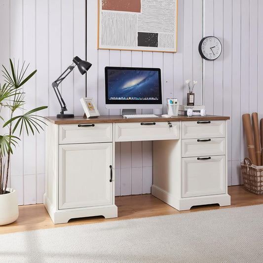 60" Farmhouse Executive Desk with Lock,Home Office Desk with Charging Station,Executive Desk with 4 Drawers & 1 Cabinet&1 File Cabinet for Office and Home