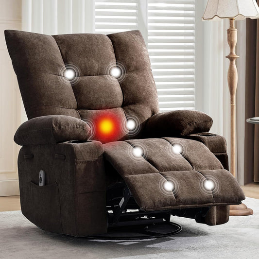 Swivel Rocker Recliner Chair with Heat and Massage,360 Degree Swivel Rocking Single Sofa with Cup Holders, Oversized Single Sofa Seat, Lazy Boy Recliner Chairs for Living Room