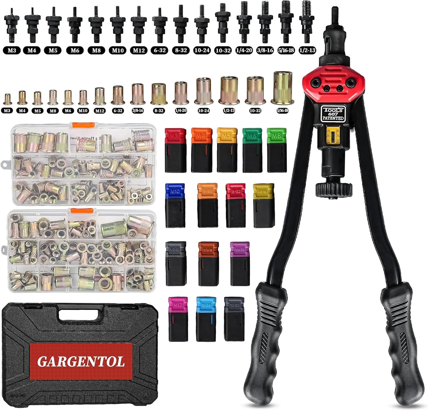 Rivet Nut Tool Kit, 16-Inch Rivnut Tool with 15 Metric & SAE Mandrels and Rivet Nut Gun, 200pcs Rivnut Tool Kit Assortment, Nutsert Tool Kit with Carrying Case