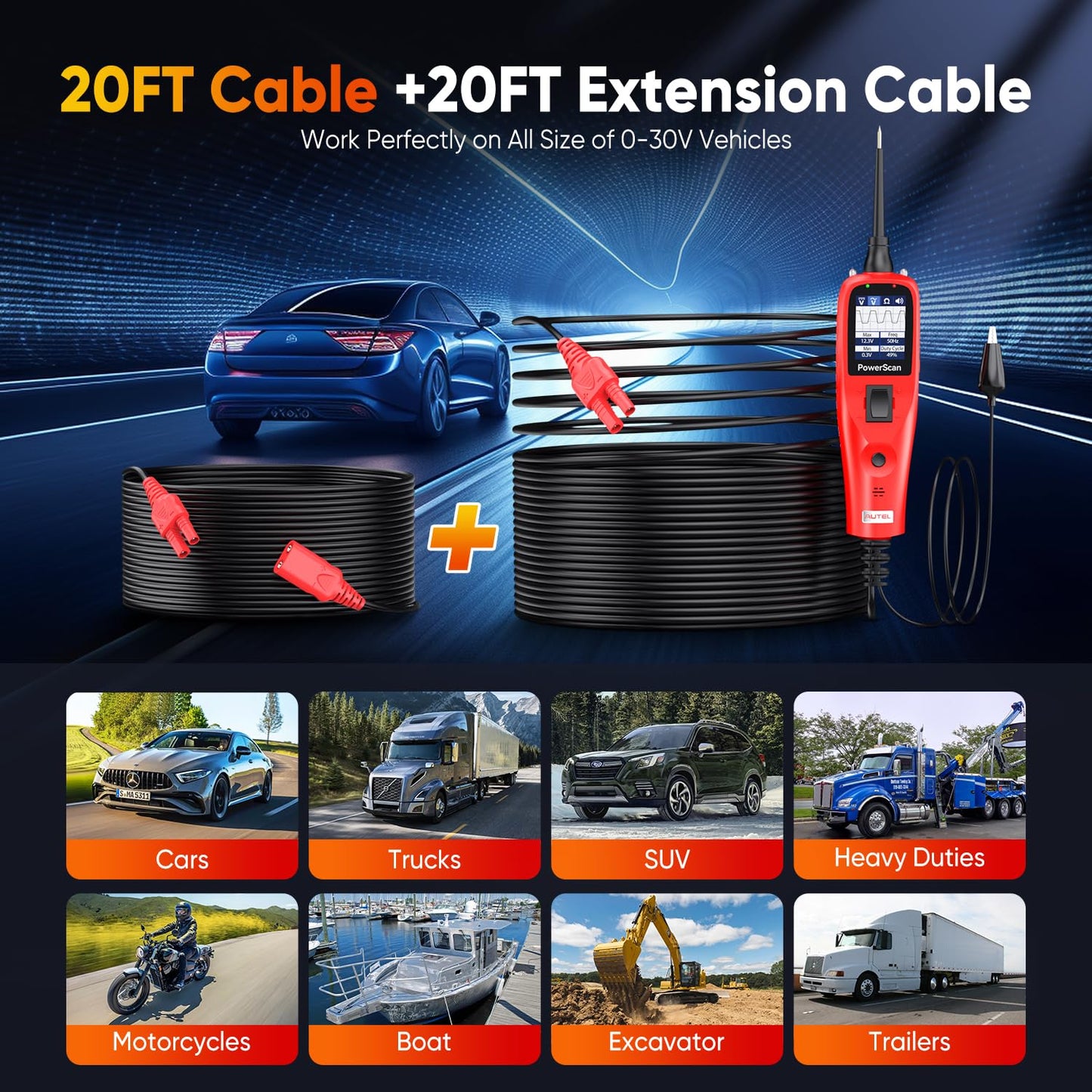 2025 Autel PowerScan PS100 Power Circuit Probe Kit, 12V 24V Automotive Electrical Wire Tracer Circuit Relay Tester, Open Breaker Short Find Tool, Read AC DC Resistance, Activate Component, 40ft Cable
