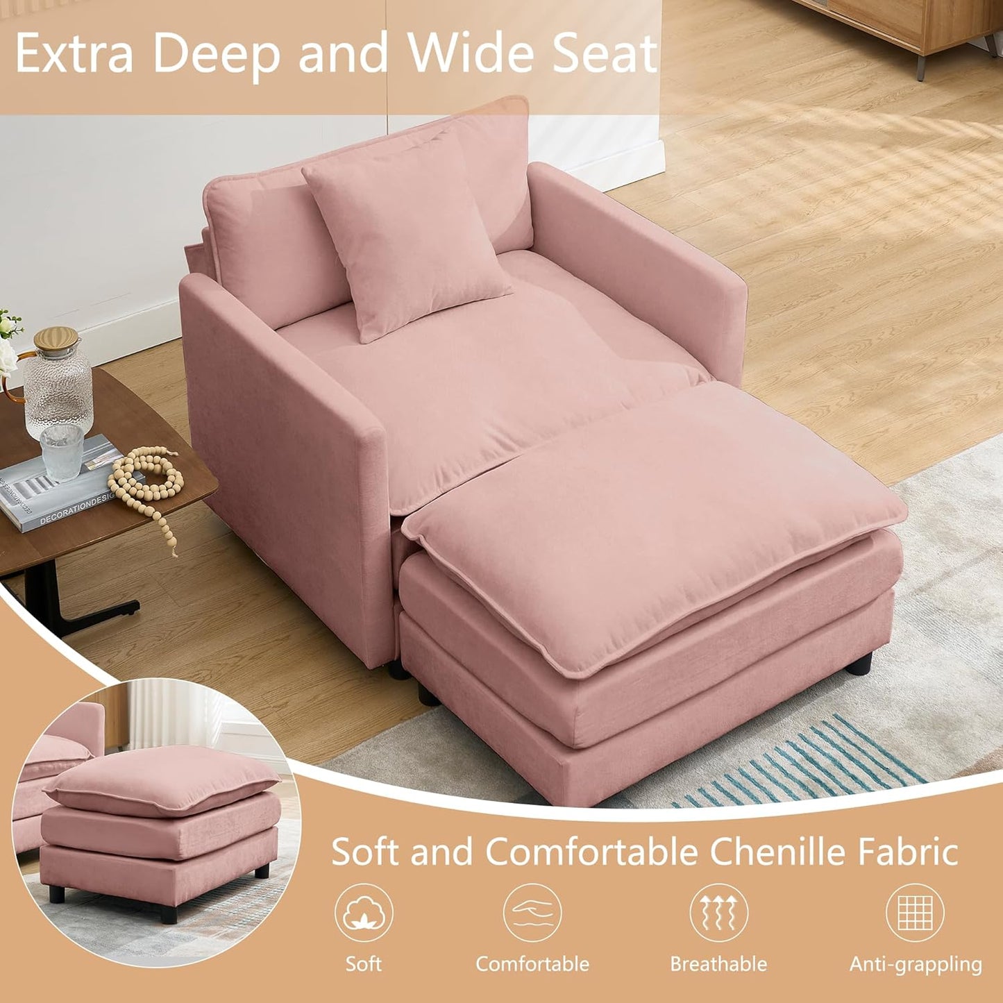 Chair Recliner Indoor with Ottoman, 40 “w Oversized Sleeper, D Corduroy Upholstered Comfort Sofa for Bedroom, Living Room, Office (1, Pink)