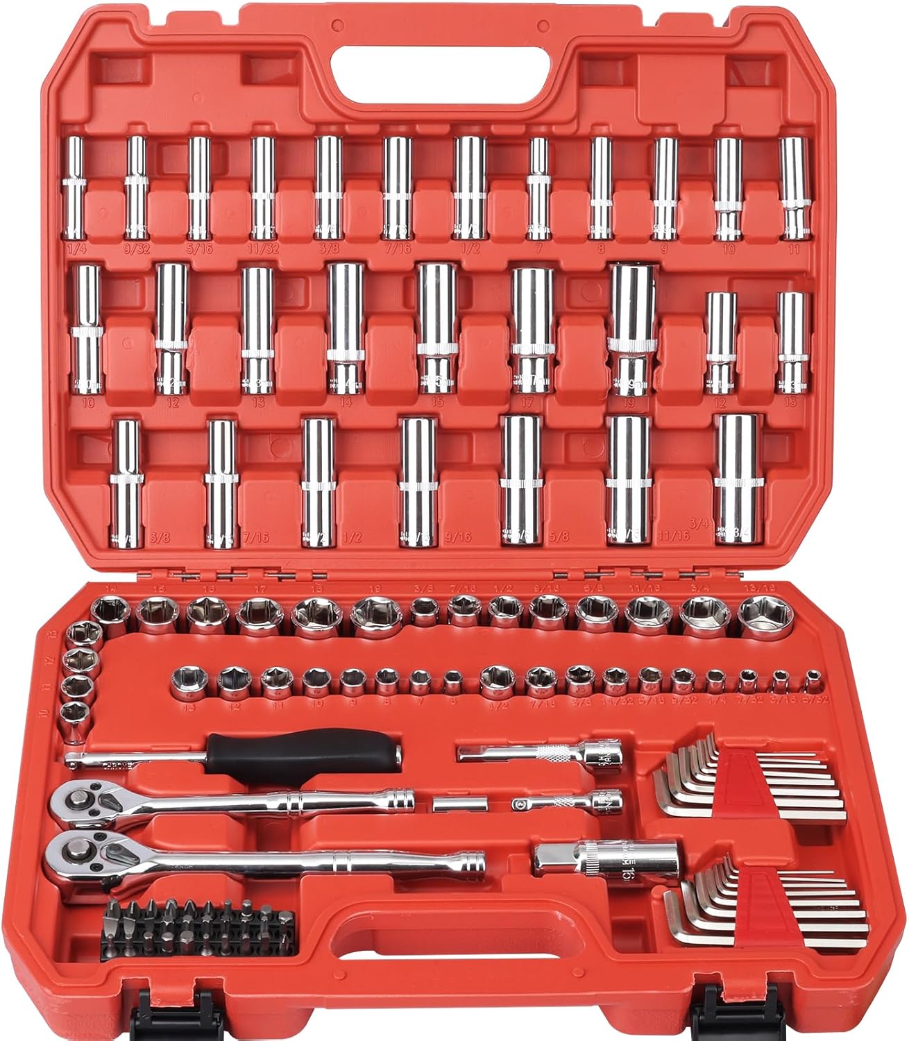 3/8” Drive Socket Set, 76 Pieces Ratchet Wrenches Set, Standard and Deep Metric (8 to 19mm)/SAE (5/16 to 3/4 inch) Size, with 72-Tooth Ratchet for Auto Repairing and Household, with Storage Case