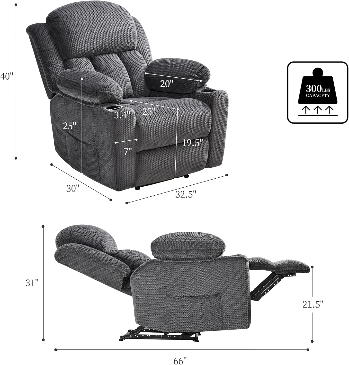 VanAcc Recliner Chair, Sofa Recliner with Cup Holders- Wingback Recliner Couch for Living Room, Armchair(Grey)
