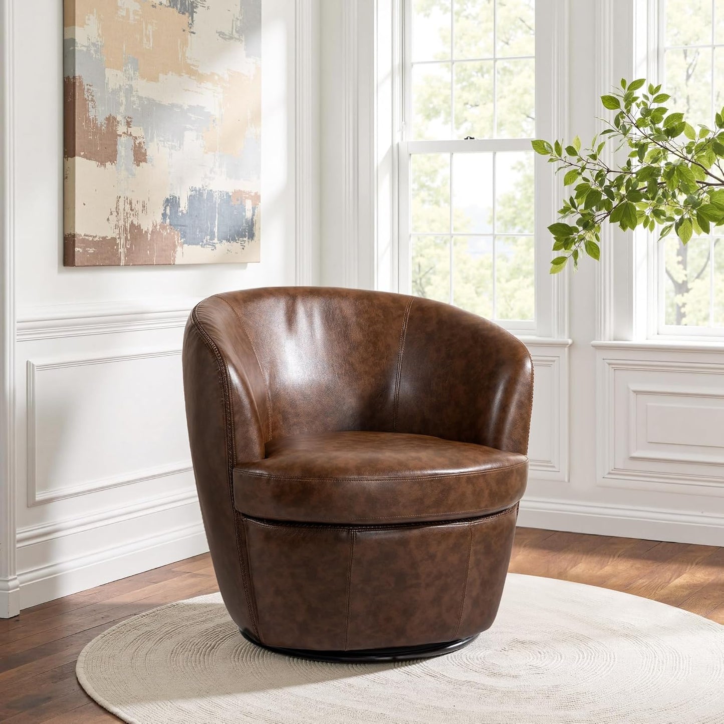 UIXE PU Leather Swivel Barrel Accent Chair, Modern Round Swivel Chair Comfy Upholstered Armchair for Living Room, Vintage Arm Chair Single Sofa Bedroom Reading Seats - Chocolate