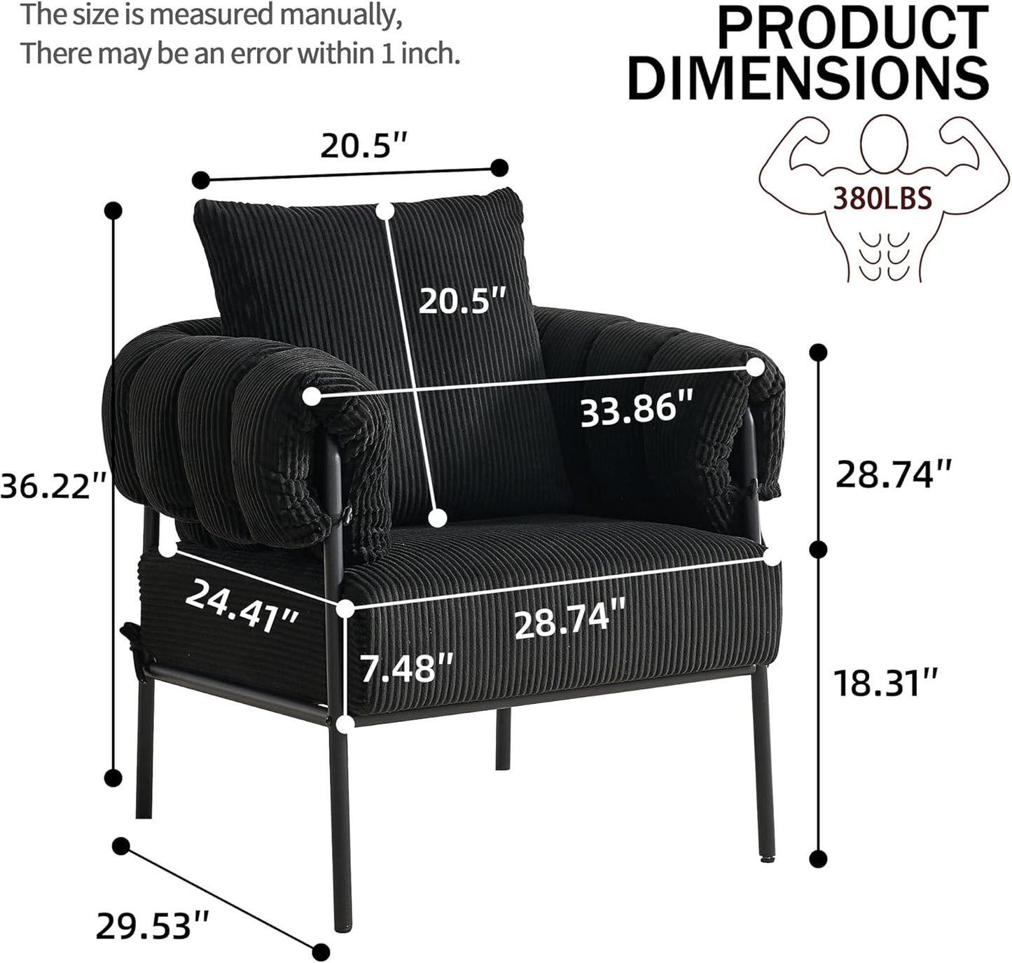 YISHENG Modern Velvet Accent Chair Set of 2 Upholstered Comfy Lounge Sofa Chair, Fabric Oversize Lazy Arm Chair with Soft Cushion, Metal Frame Reading Chair for Living Room, Balcony,Bedroom,Black