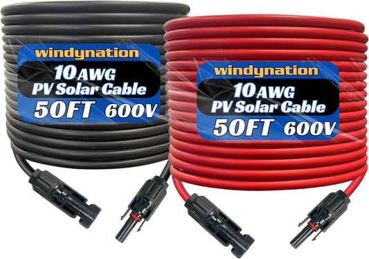 WindyNation 10 Gauge 10 AWG Pair 50 Feet Black + 50 Feet Red PV Photovoltaic Solar Panel Extension Cable Wire Solar Connectors