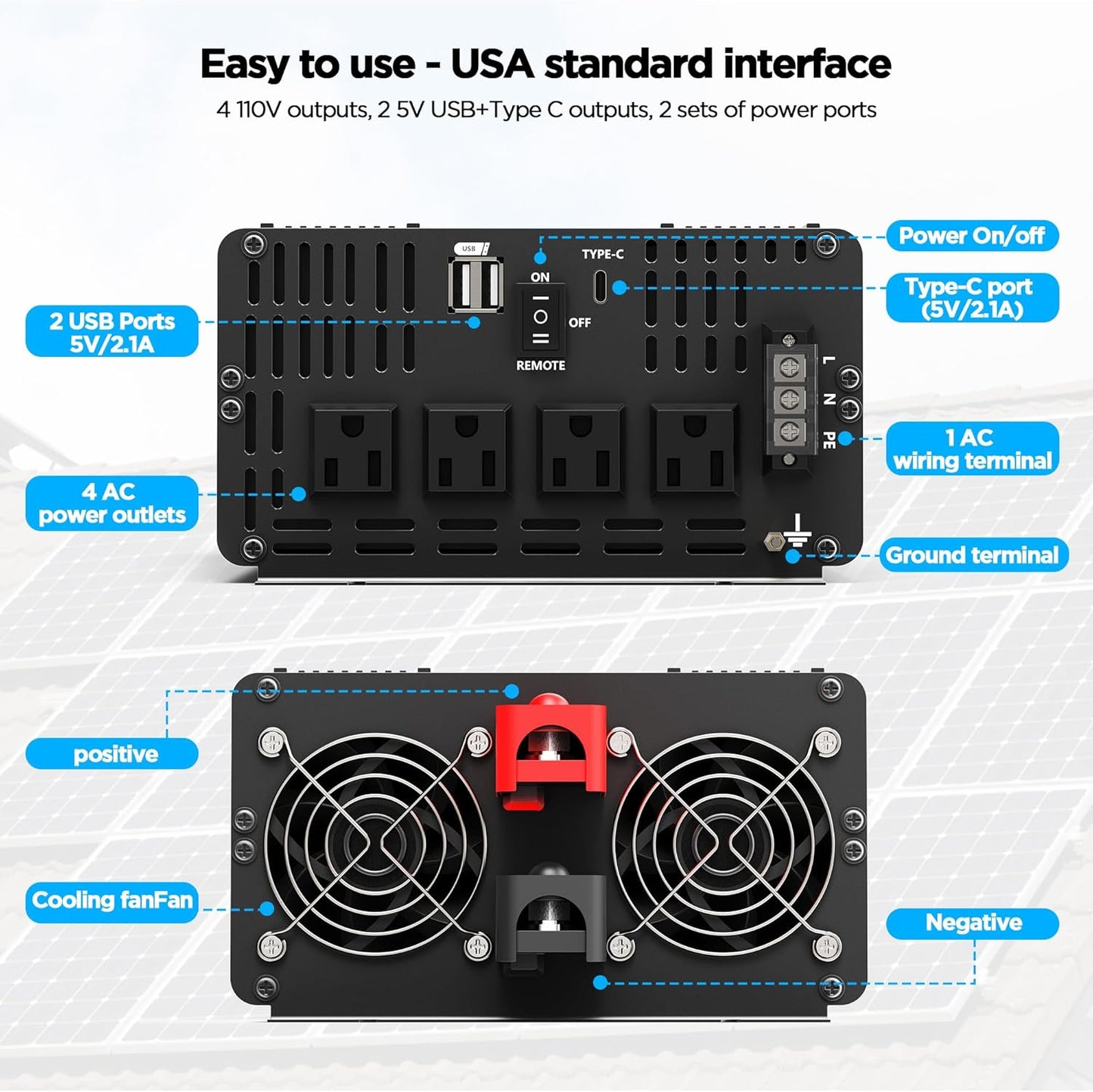 2000W Pure Sine Wave Inverter, Car Power Inverter 12V to 120V AC Converter for RV, Truck, Solar, with 4 AC, 3 USB(5V 2.1A), Hardwire Port, Remote Controller, HD Display, Mult Protection, Surge 4000W