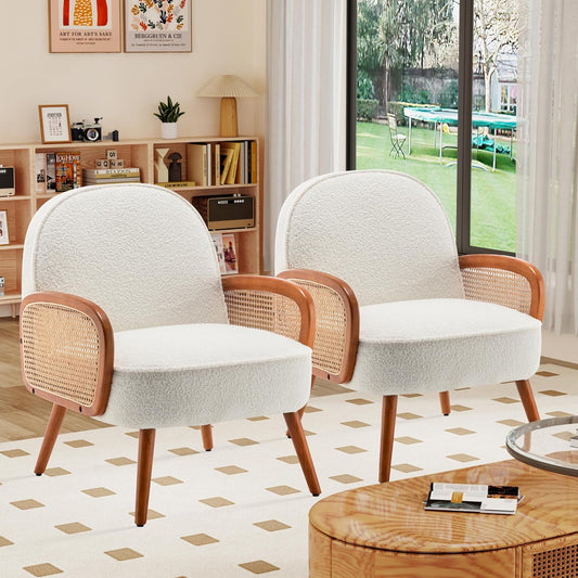 Aklaus Mid Century Modern Accent Chair Set of 2 Upholstered Rattan Arm Chairs Sherpa Teddy Fabric Reading Chairs for Living Room Bedroom Balcony Hobo Accent Chairs Side Chairs Club Chairs White