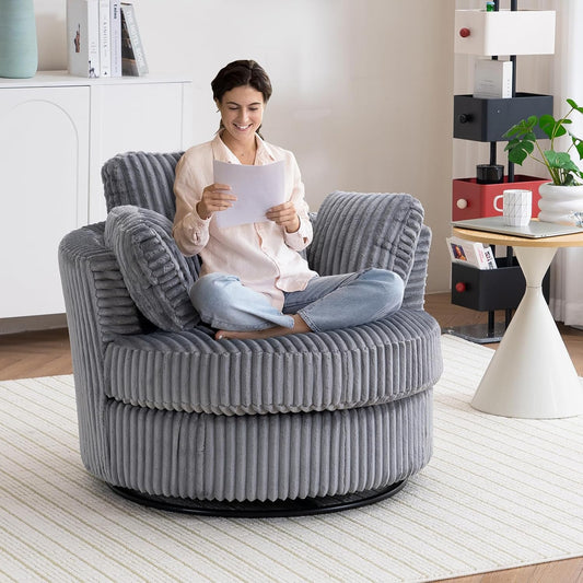 40" W Modern Grey Swivel Barrel Chair with 360° Round Metal Base & Plush Corduroy Pillows & Thick Cushion, Comfy Large Accent Chaise Longue for Living Room, Bedroom Club Reading Armchair (Gray)