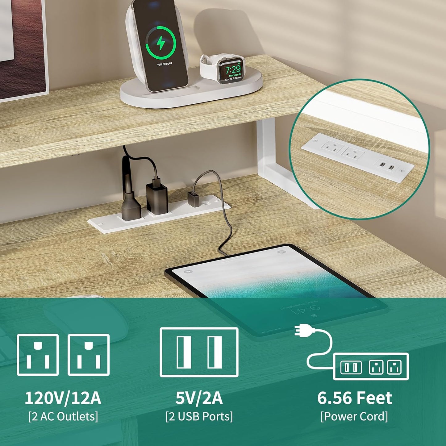 YITAHOME Computer Desk with Drawers, 47.2" Office Desk with Power Outlets & LED Light, Home Office Desk with Storage Shelves, White & Oak