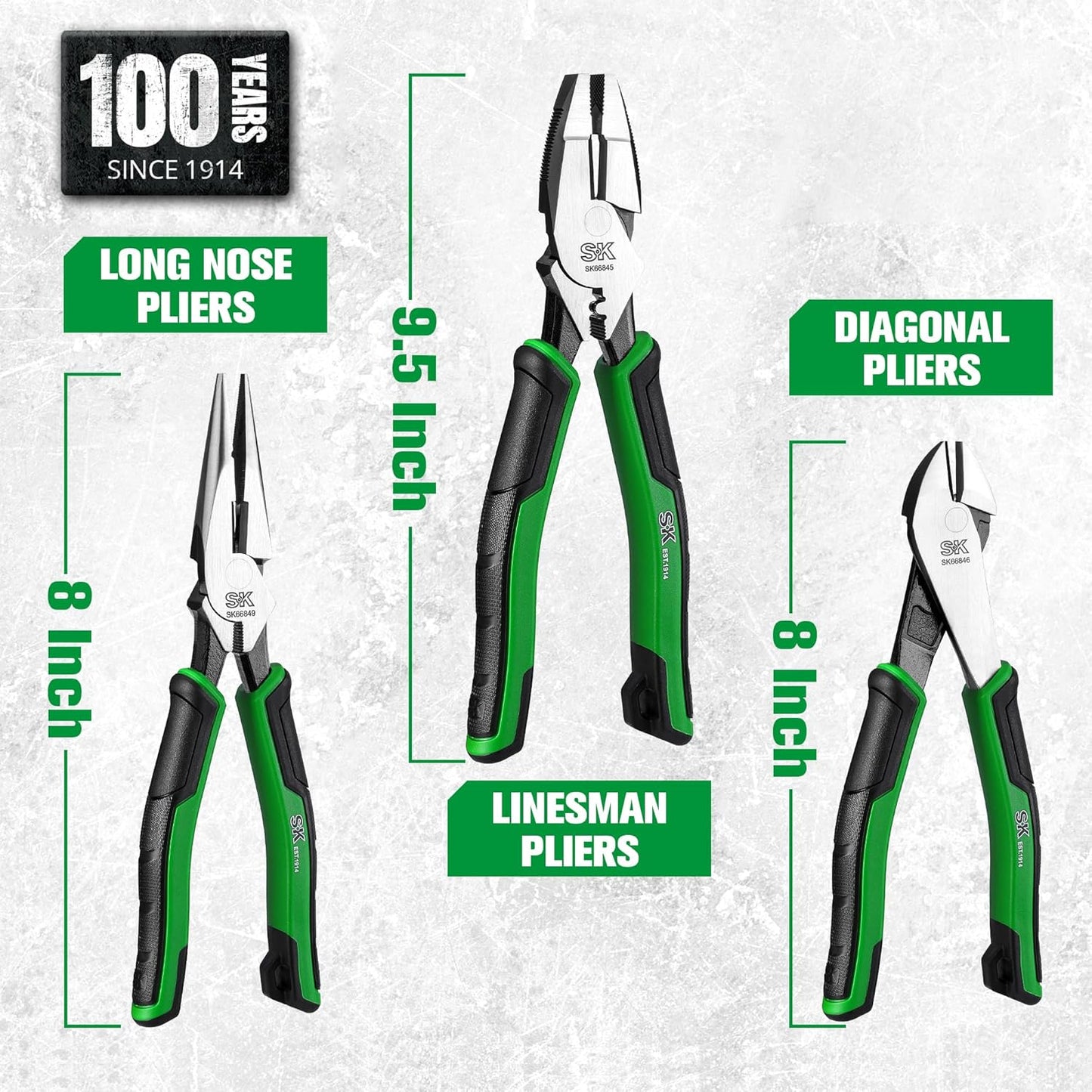 SK 3-Piece Pliers Set, 9.5-Inch Linesman, 8-Inch Diagonal & Needle Nose Pliers, Premium CR-V Construction, Ergonomic Anti-slip Handle, with Rolling Pouch
