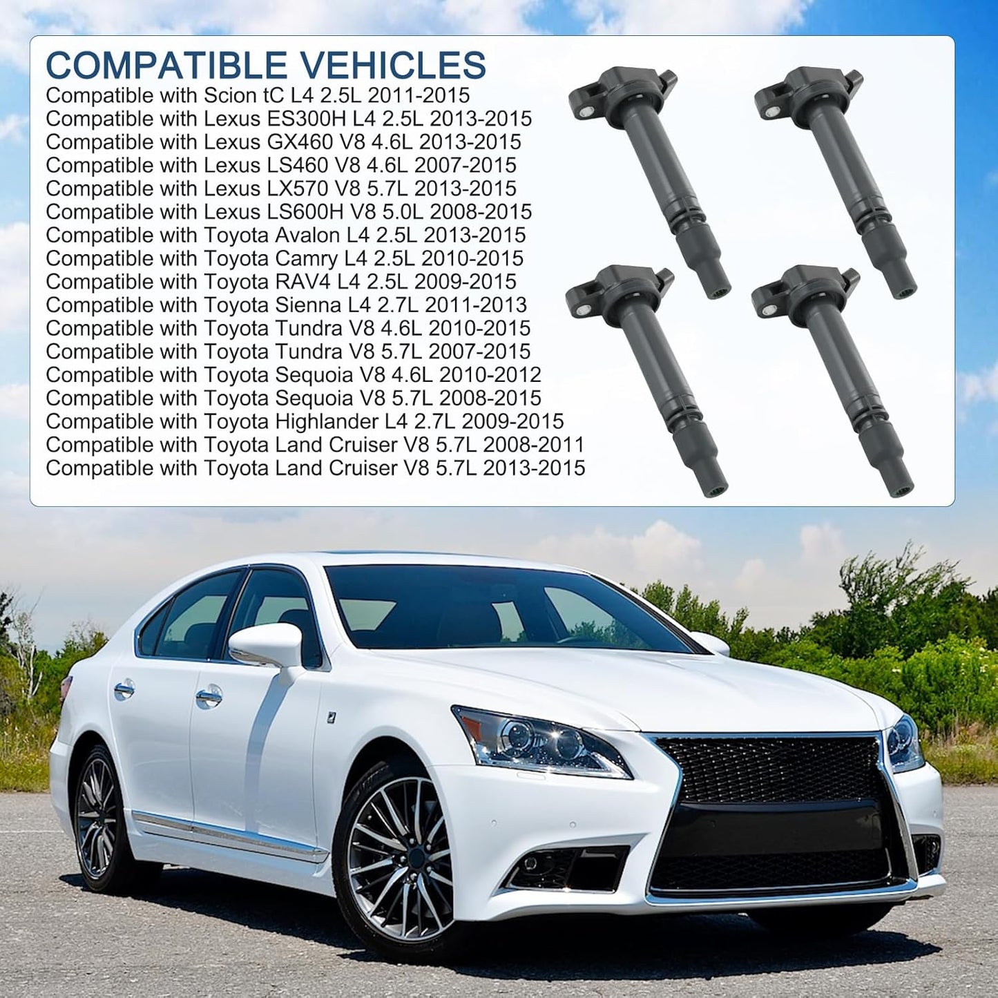 Set of 4 Ignition Coil Pack & Spark Plug Compatible with Lexus ES300H GX460 LS460 LS600H LX570 Toyota Avalon Camry RAV4 Highlander Sienna L4 2.7L Replace# UF507, C1596, 6731309, 50236, 5C1653