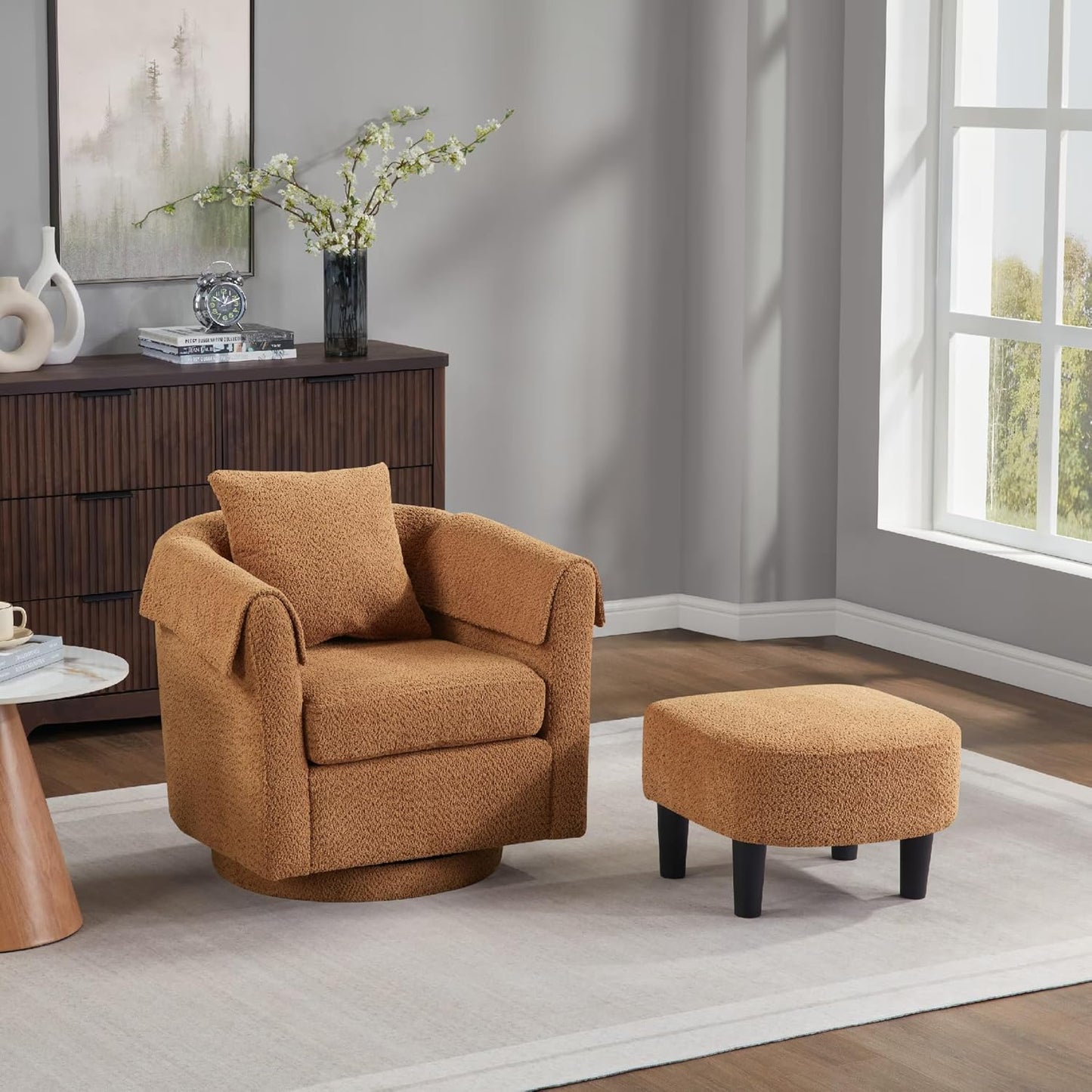 COMHOMA Swivel Accent Chair with Ottoman Set,Modern Chenille Barrel Armchair with Removable Back Pillow&2 Armrest Covers for Living Room,Bedroom,Office,Brown