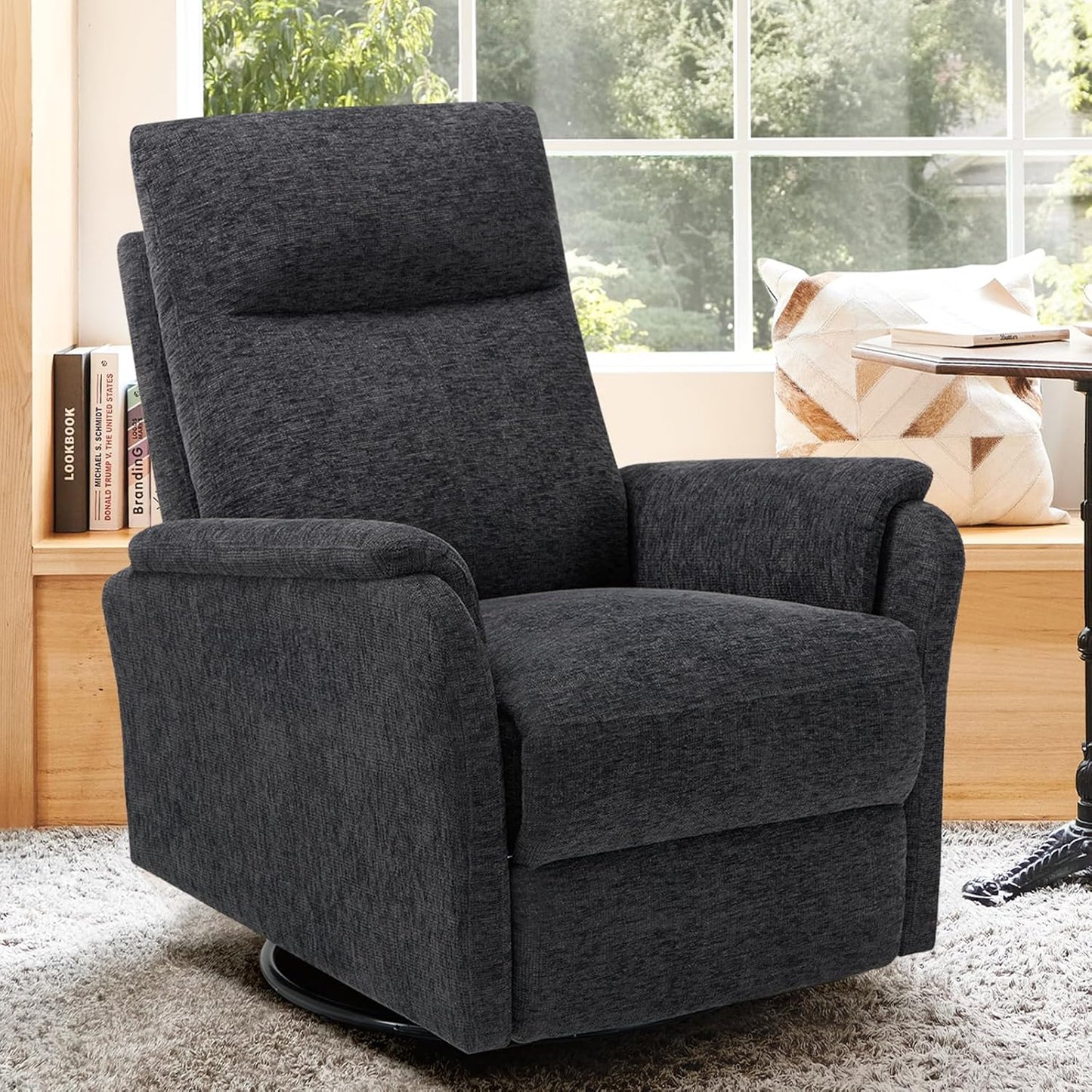 COLAMY Swivel Recliner Chair-Nursery Glider Rocking Chair, Swivel Rocker Recliner Chair, Fabric Reclining Single Sofa with Wide Footrest, Deep Seat, Thick Cushion for Living Room, Bedroom-Darkgrey