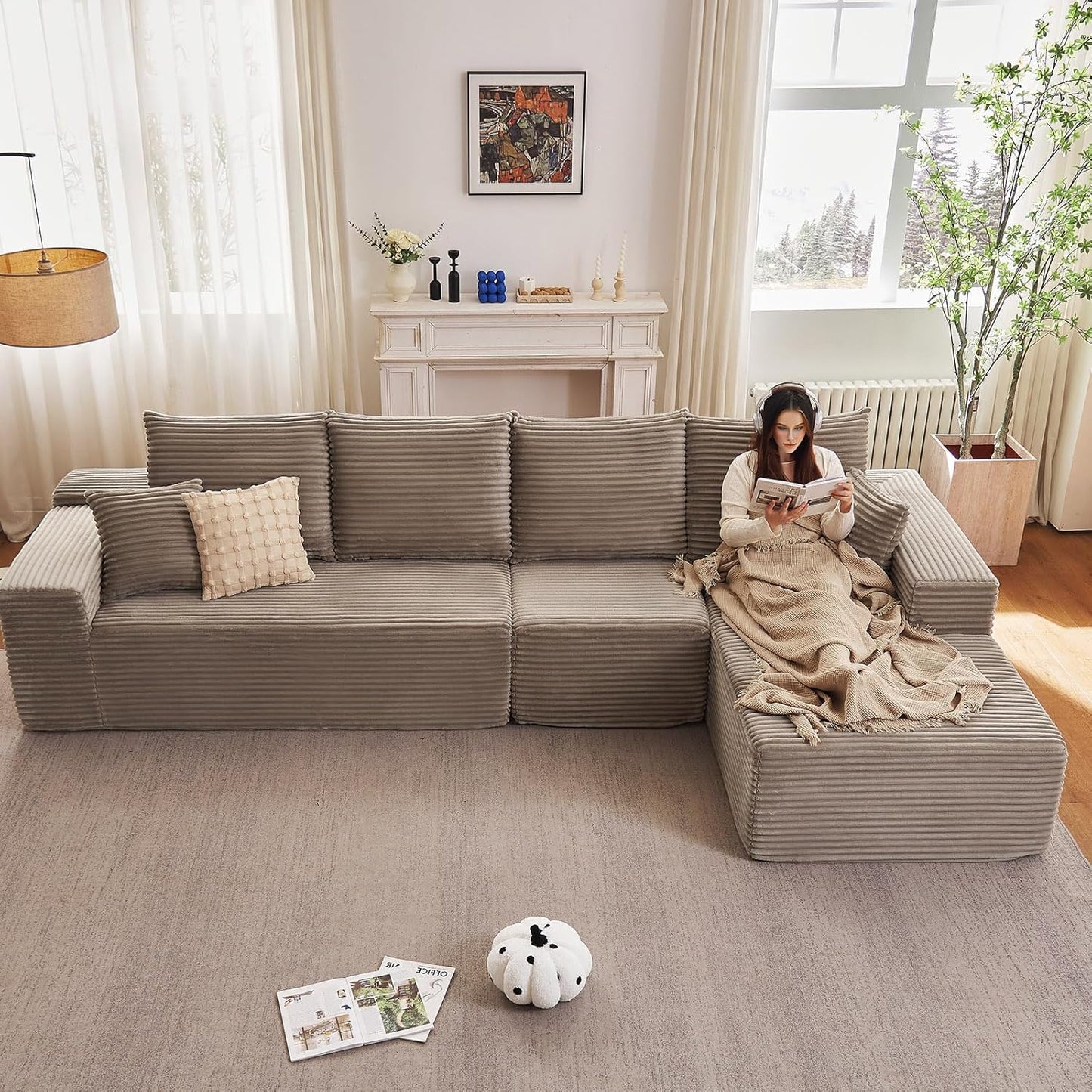 107" Modular Sectional Couches for Living Room, Comfy Boneless L Shaped Cloud Couch with Chaise Lounge, Modern Cozy Corduroy Deep Seat Floor Sofa, Memory Foam, No Assembly Required, Black