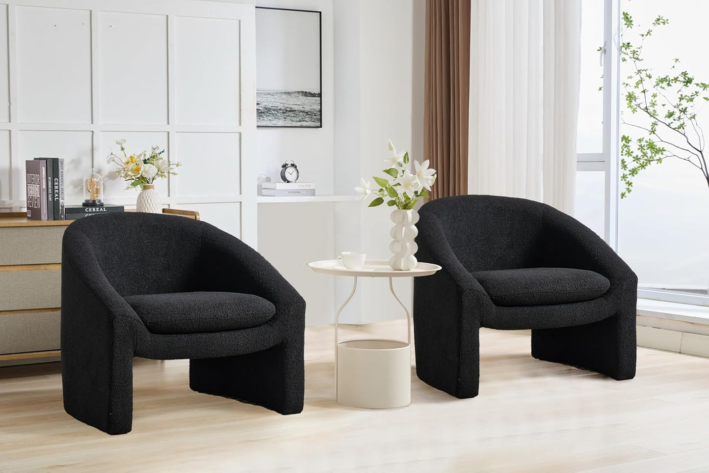 CIMOTA Barrel Black Accent Chair Sherpa Cozy Reading Armchair Modern Single Sofa Chair Upholstered Comfy Lounge Chair for Bedroom/Living Room/Indoor, Boucle