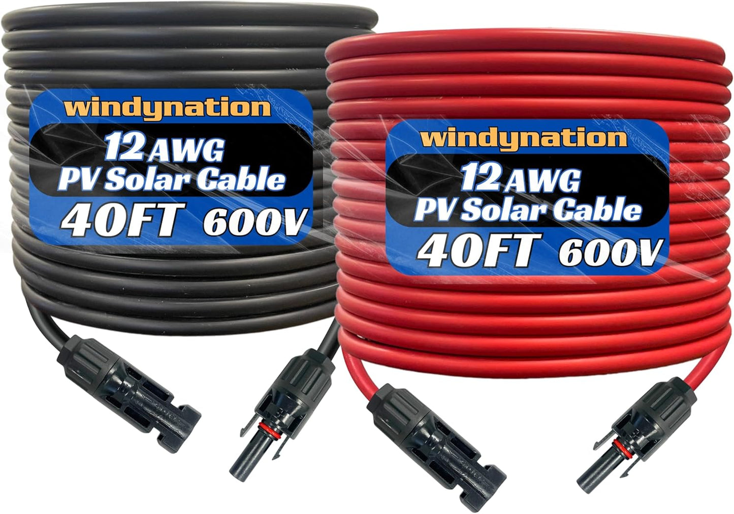 WindyNation 10 Gauge 10 AWG Pair 50 Feet Black + 50 Feet Red PV Photovoltaic Solar Panel Extension Cable Wire Solar Connectors