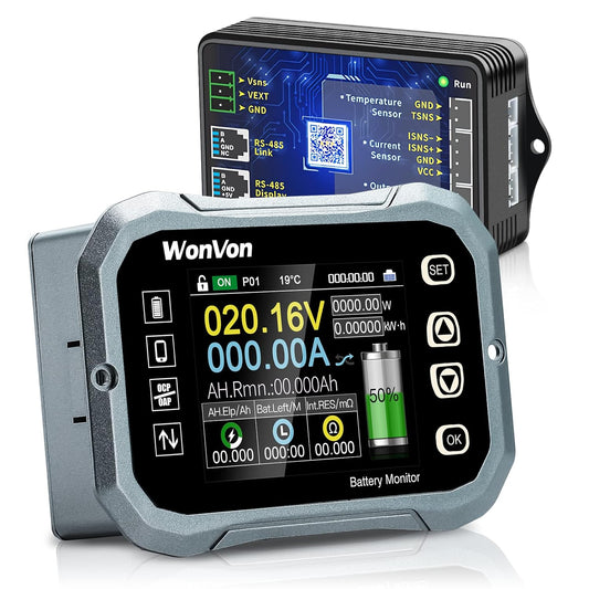 WonVon Battery Monitor with Shunt 400A 0V-120V Battery Monitor for RV, Motorcycle, Golf Cart, Solar Panel - Screen Display, Capacity Percentage, Time, Power, Voltmeter, High/Low Voltage Support