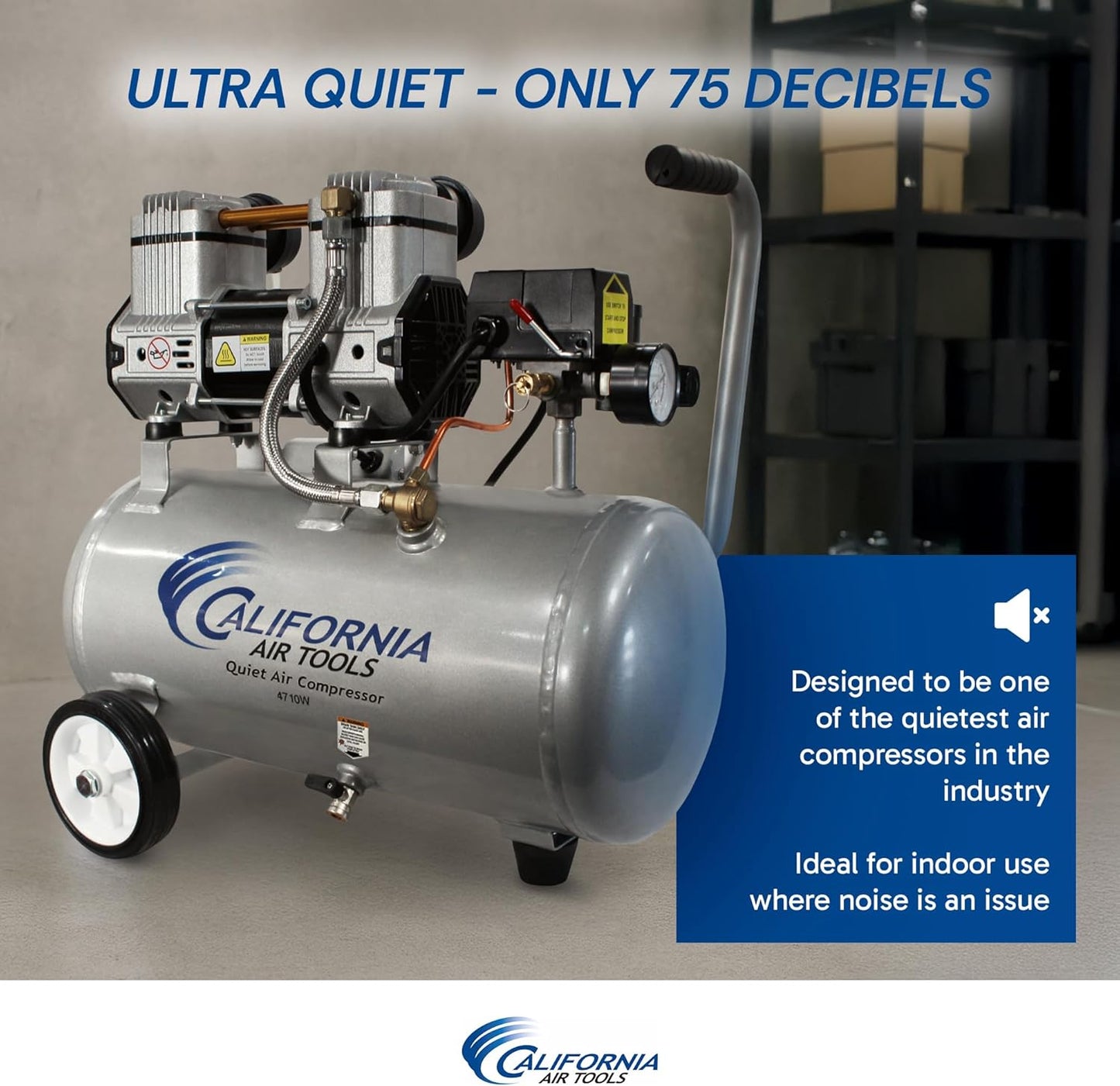 California Air Tools CAT-4710W 1.0 HP Quiet, Oil-Free Air Compressor with Wheels, 4.7 Gallon Tank Capacity, 75 dB Noise Level, Lightweight, Electric, Portable, for Home and Garage