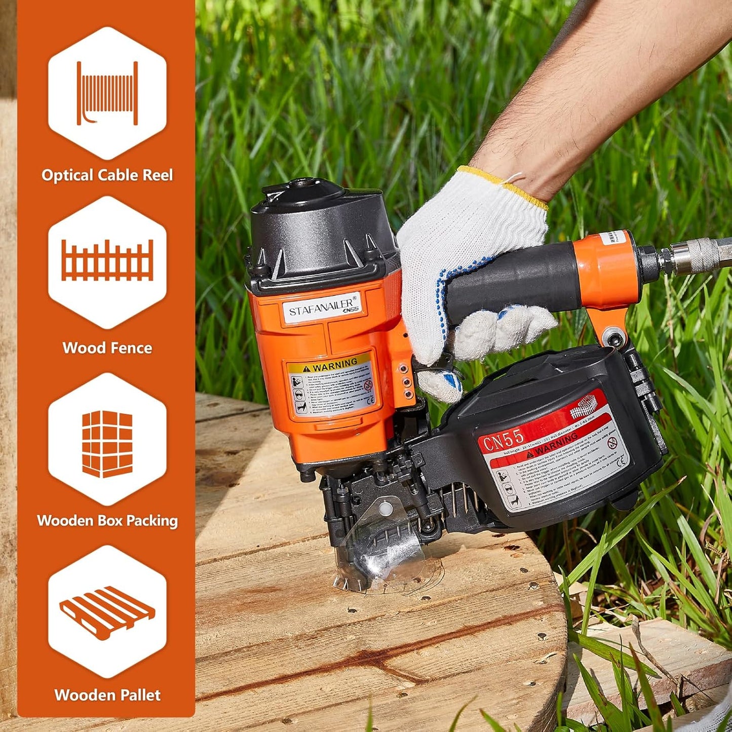 Update CN55 Pneumatic Siding Nailer for 1-Inch up to 2-1/4-Inch Nails, 15 Degree Coil Nail Gun with Bump Firing for Fast Nailing Speed, Coil Nail Gun for Pallets, Siding, Crating, Fencing, Decking