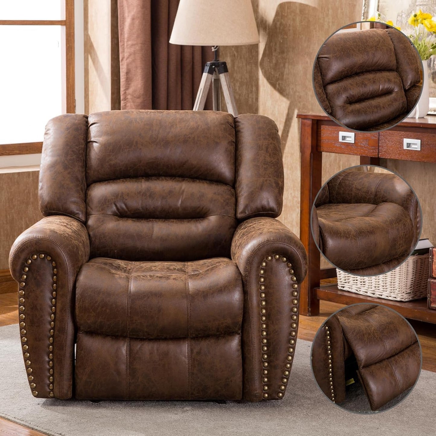 CANMOV Power Recliner Chair,Faux Leather Electric Recliner Chair with Padded Arms and Adjustable Backrest,Single Sofa with USB Charger for Living Room,Nut Brown