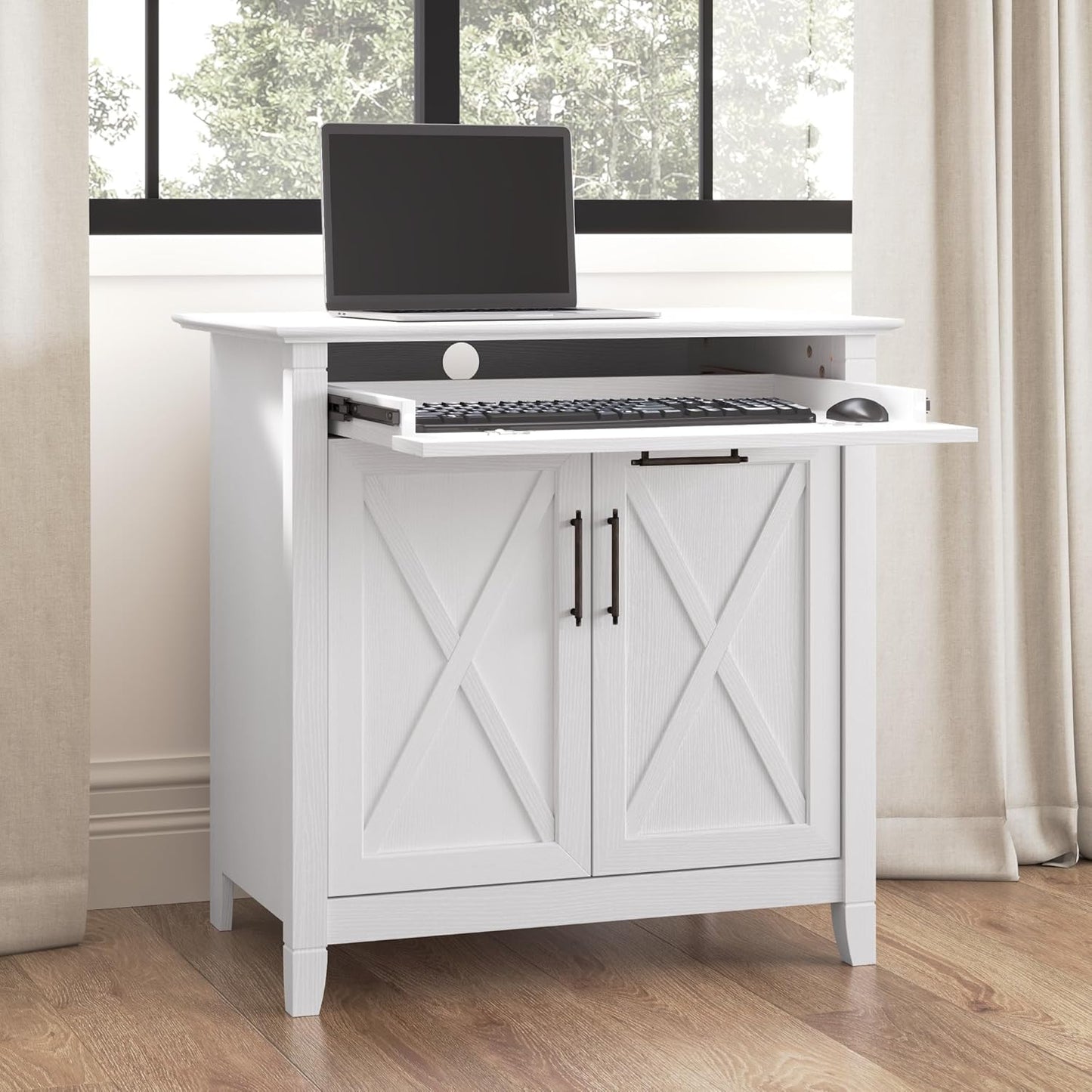 Bush Furniture Key West Secretary Desk | Accent Cabinet with Work Surface in Pure White Oak | 30W x 20D Hidden Writing Table and Storage for Small Spaces