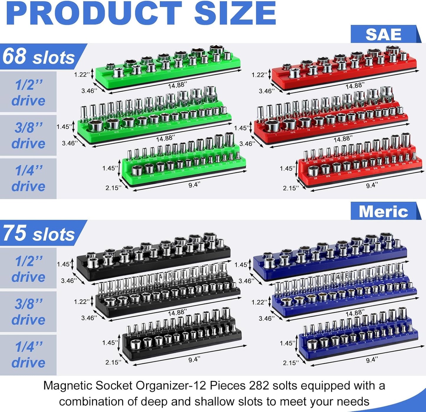 12 Pcs Magnetic Socket Organizer Set Compatible with SAE and Metric Magnetic Holders 1/4'', 3/8'', 1/2'' Drive Socket Trays Hold 286 Standard and Deep Size, No Sockets(Colors A)
