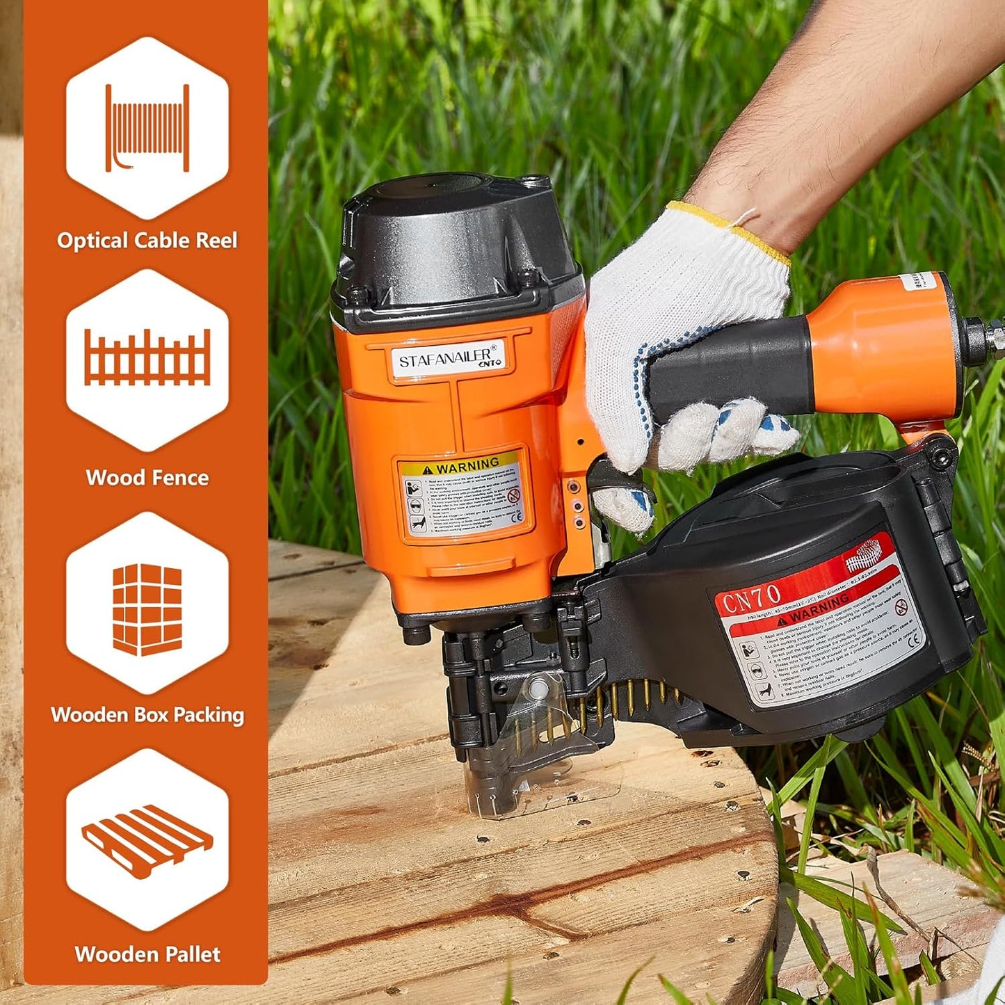 CN70 Pneumatic Siding Nail Gun for 1-3/4-Inch to 2-3/4-Inch 15-Degree Nails, Coil Siding Nailer with Rapid Shooting Rapid Shooting Engine for Pallets, Siding, Crating, Fencing, Decking