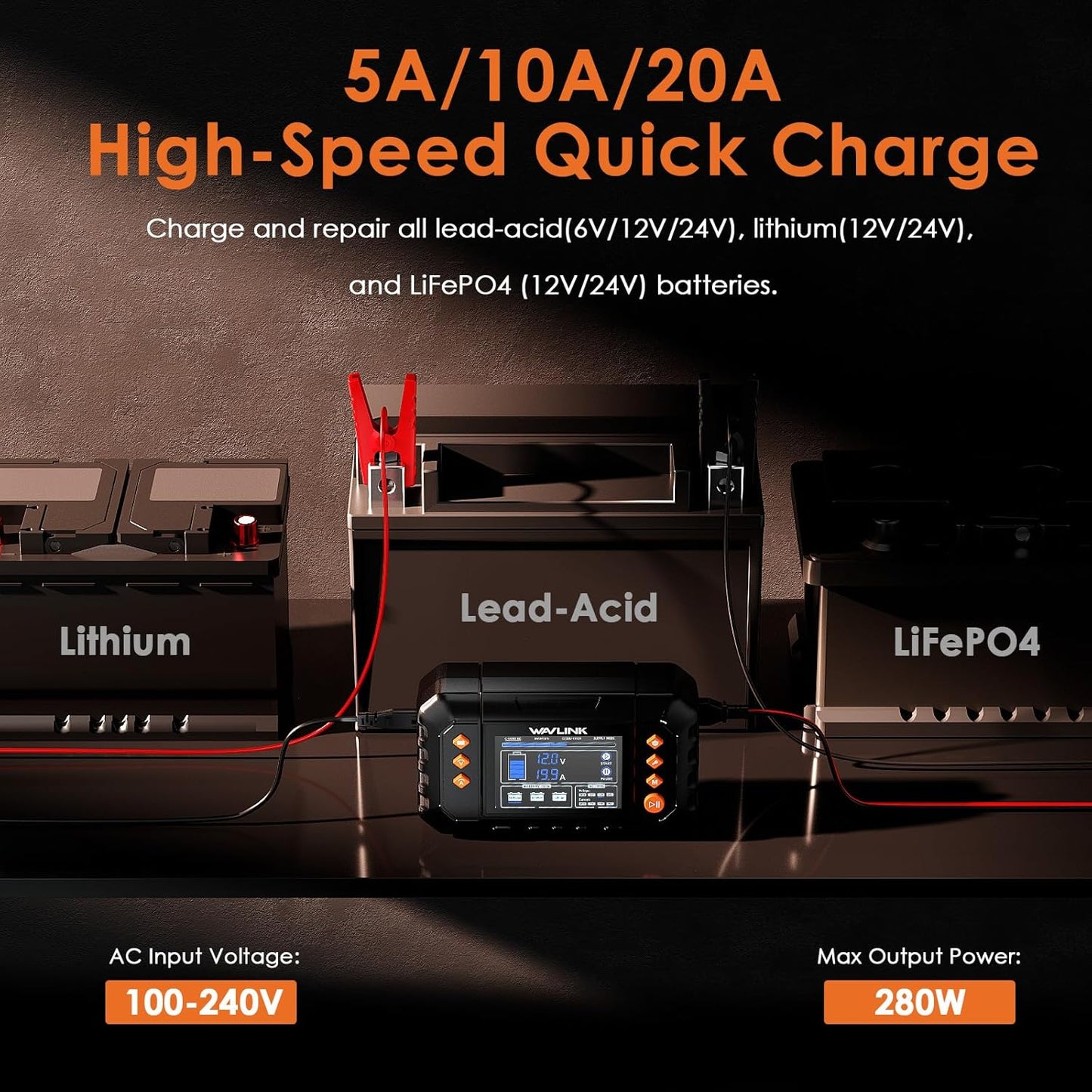 WAVLINK Smart Battery Charger, 20-Amp, Car Battery Charger with LCD Display, for 6V/12V/24V Lead-Acid/Lithium/LiFePO4 Batteries, Trickle Battery Maintainer and Desulfurizer for Car, Boat, Motorcycles