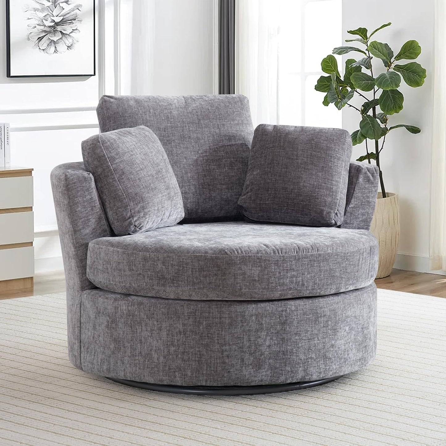 40" W Modern Grey Swivel Barrel Chair with 360° Round Metal Base & Plush Corduroy Pillows & Thick Cushion, Comfy Large Accent Chaise Longue for Living Room, Bedroom Club Reading Armchair (Gray)