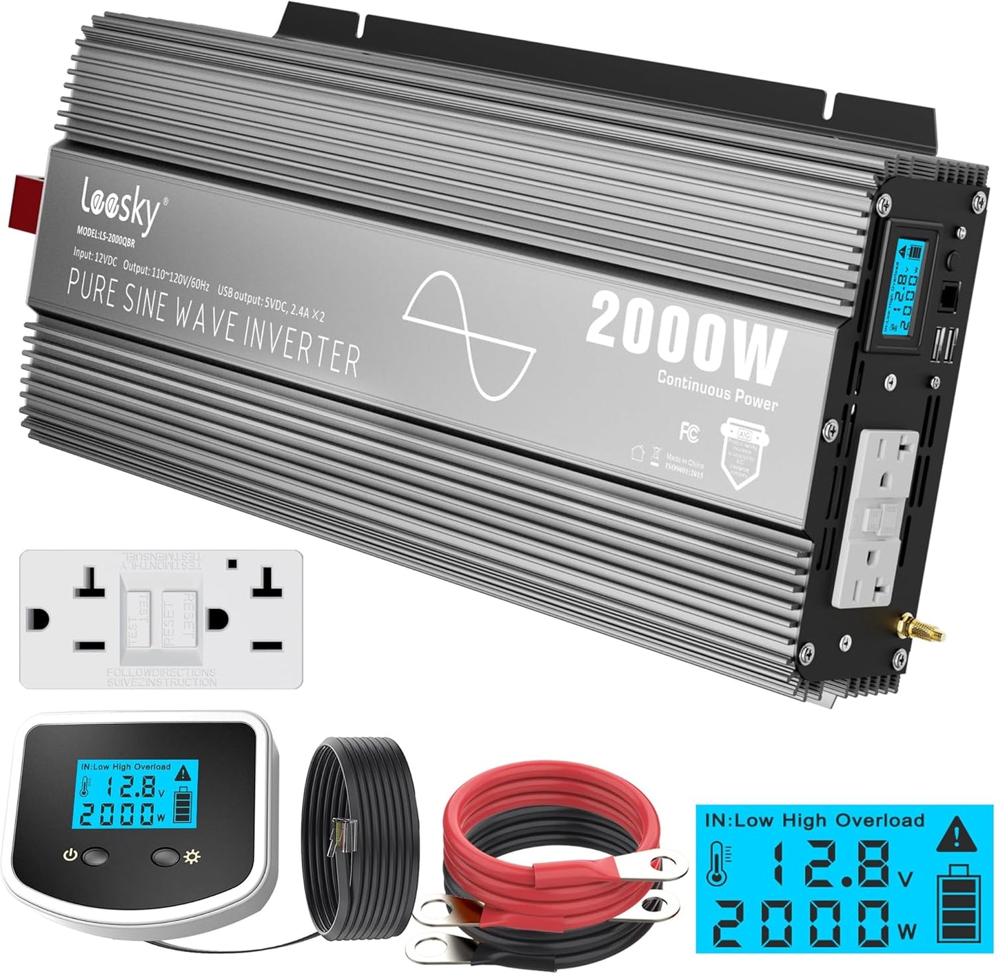 2000 Watt Pure Sine Wave Inverter, 12V DC to 120V AC Converter for RV Truck Off-Grid Solar Home Power Inverter with 3 AC Outlet, 5V 2.4A USB, Remote Control Compatible with Lithium Battery by LEESKY