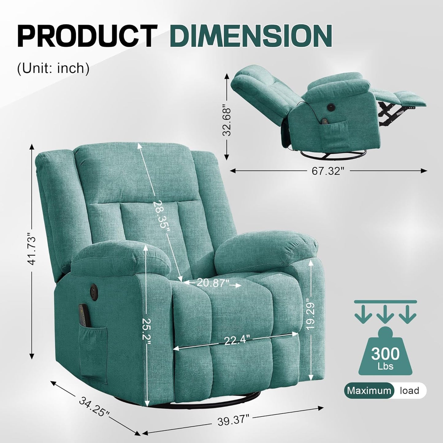 Rocker Recliner, Glider Recliner Chairs for Adults, 360° Swivel Rocking Chair with Massage and Heating, Nursery Chair with Storage and USB Charging for Living Room, Bedroom, Nursery