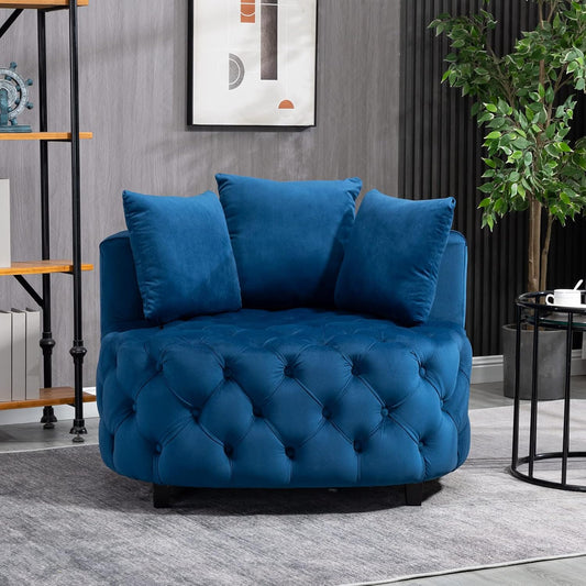 Velvet Accent Chair, Tufted Upholstered Barrel Chair Lounge Chair with 3 Movable Pillows and Solid Wood Legs, Oversized Round Sofa Chair Reading Chair for Living Room Bedroom Hotel Office, Blue